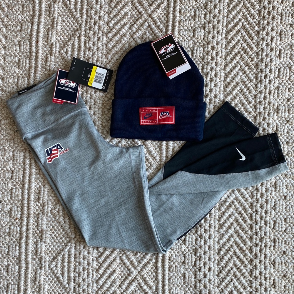 Nike Gray and Black Leggings S with Navy Beanie O/S